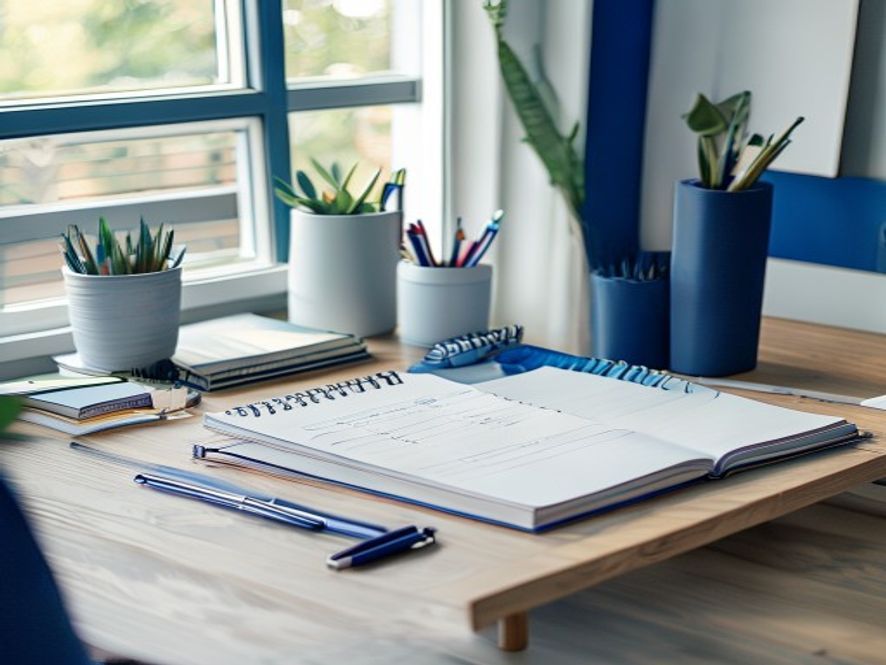 Organized workspace with planning materials and a calendar